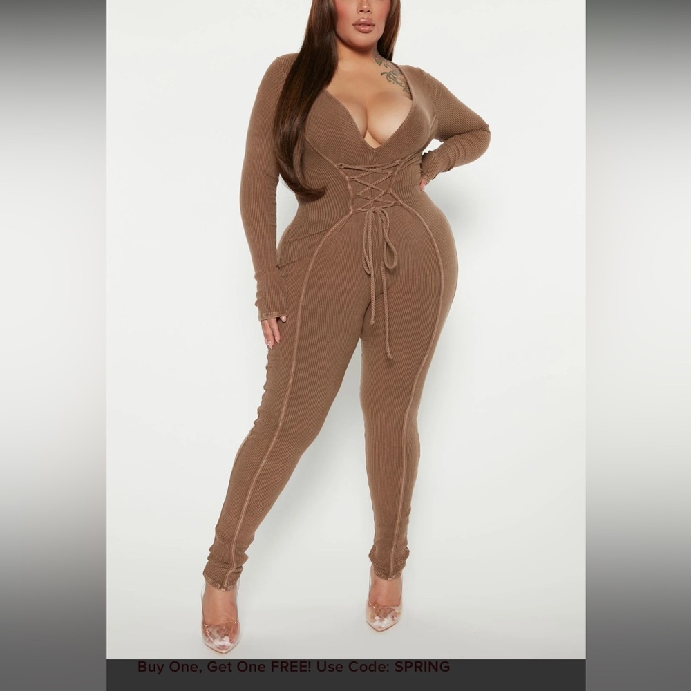 Brown Ribbed Lace-Up Jumpsuit